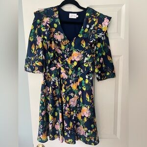 Tanya Taylor Navy Floral Fit-and-Flare Dress - Navy with Florals - Size 6